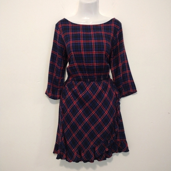 Gap - Plaid Wrap Ruffle Quarter Sleeves Dress - Picture 3 of 14